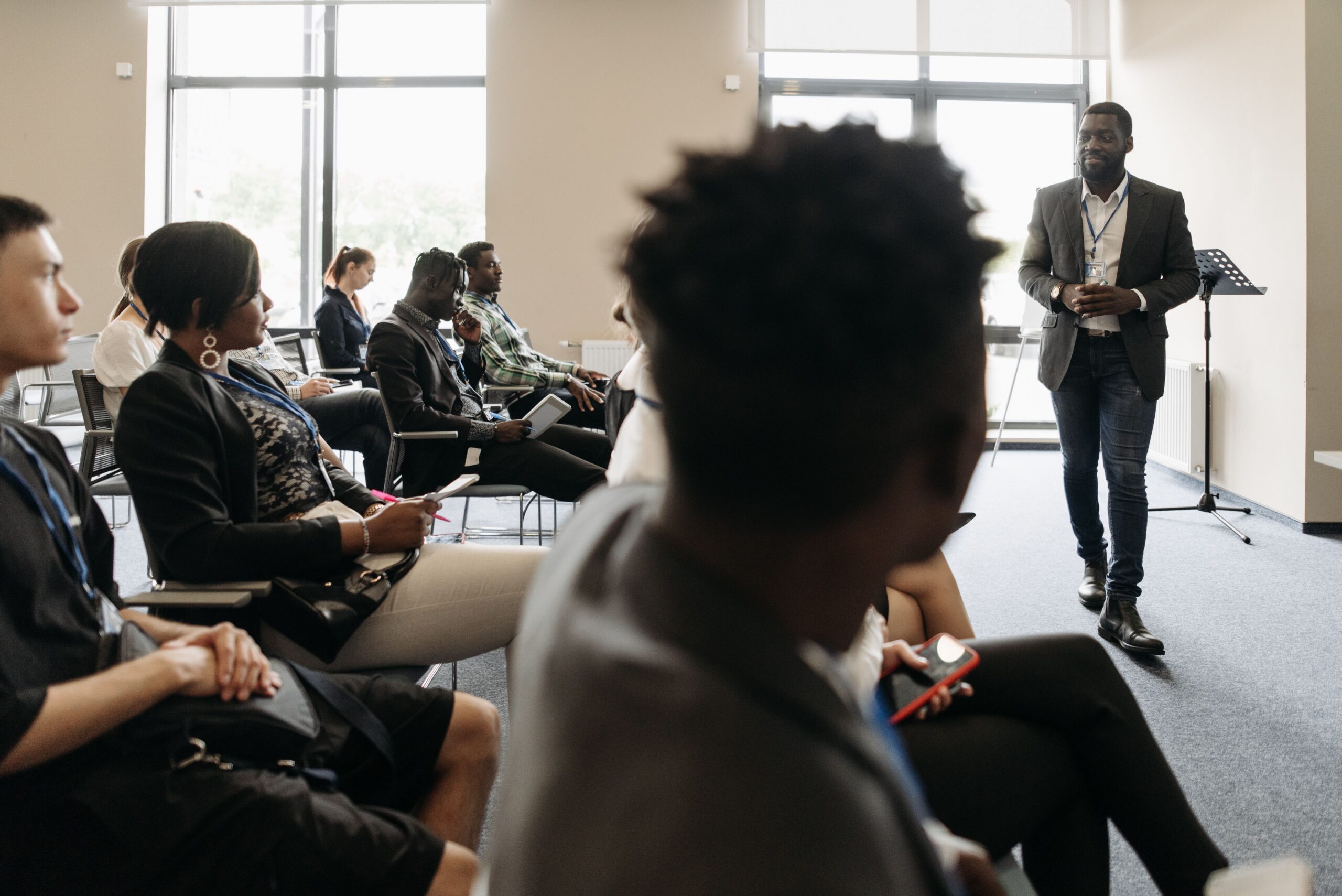 Employees participating in a career development and leadership training session focused on professional growth and retention
